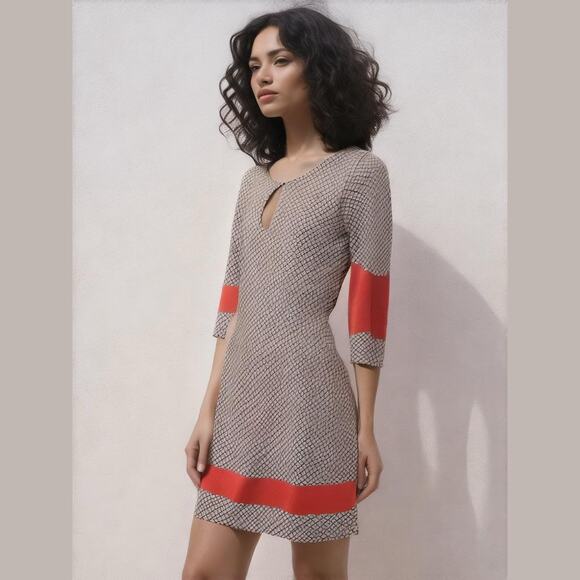 Papillon Blanc Black White Geometric Red Border Classic Career A-Line Dress S - Picture 1 of 7